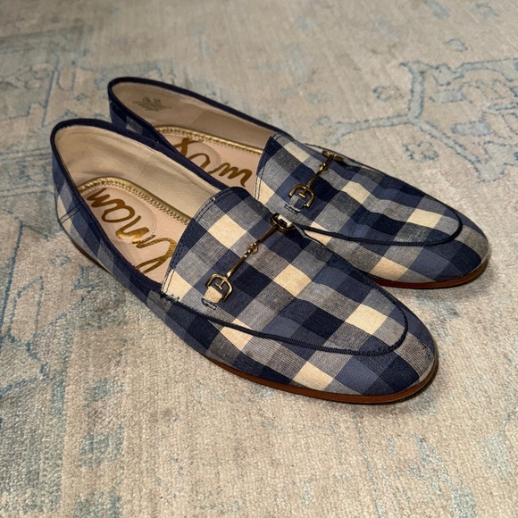 Sam Edelman Loraine Horsebit Loafer Blue White Gingham Print Fabric - Picture 1 of 6